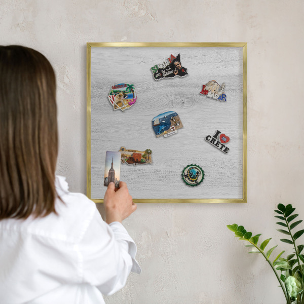 Metal magnet board with a gold frame Wooden structure