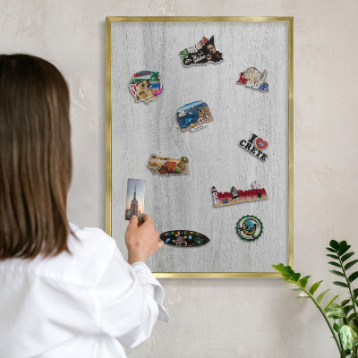 Metal magnet board with a gold frame Wooden structure