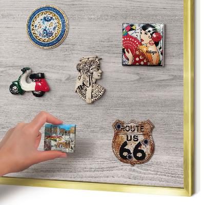 Metal magnet board with a gold frame Wooden texture