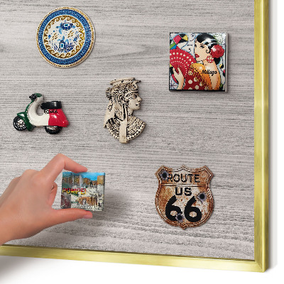 Metal magnet board with a gold frame Wooden texture