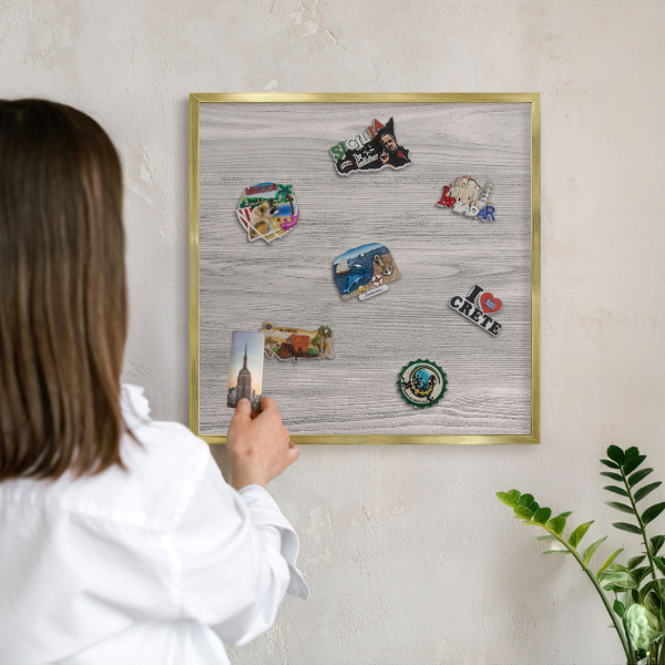 Metal magnet board with a gold frame Wooden texture