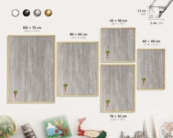 Metal magnet board with a gold frame Wooden texture