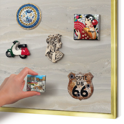 Metal magnet board with a gold frame Marble texture