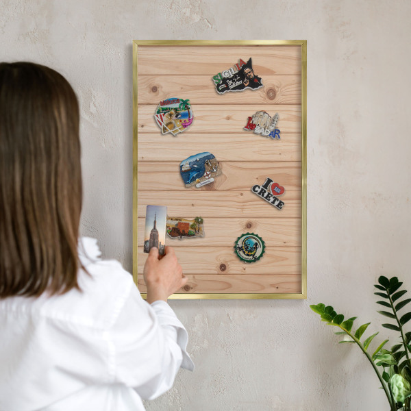 Metal magnet board with a gold frame Wooden pattern