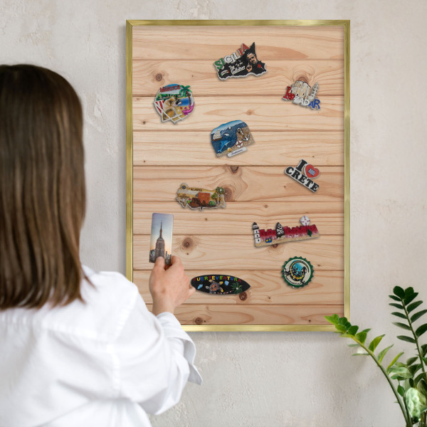 Metal magnet board with a gold frame Wooden pattern