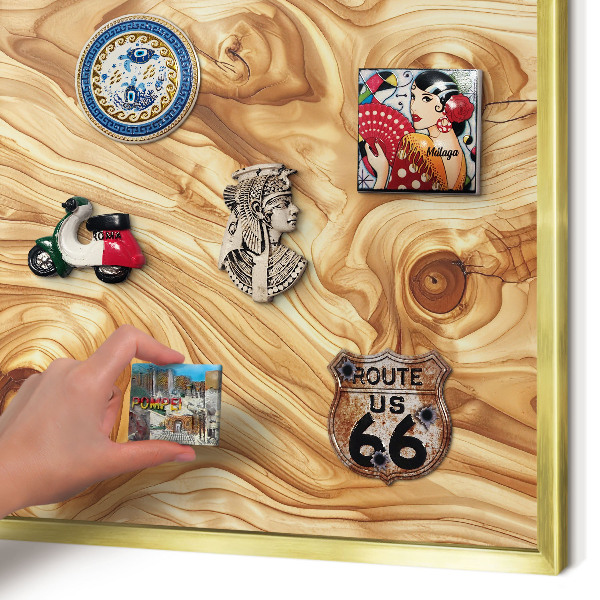 Metal magnet board with a gold frame Wooden texture