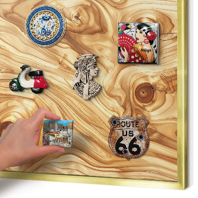 Metal magnet board with a gold frame Wooden texture