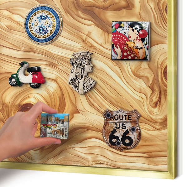 Metal magnet board with a gold frame Wooden texture