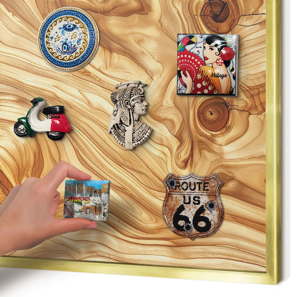 Metal magnet board with a gold frame Wooden texture