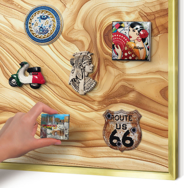 Metal magnet board with a gold frame Wooden texture