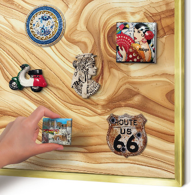 Metal magnet board with a gold frame Wooden texture
