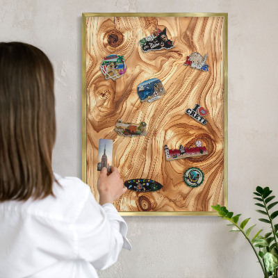 Metal magnet board with a gold frame Wooden texture