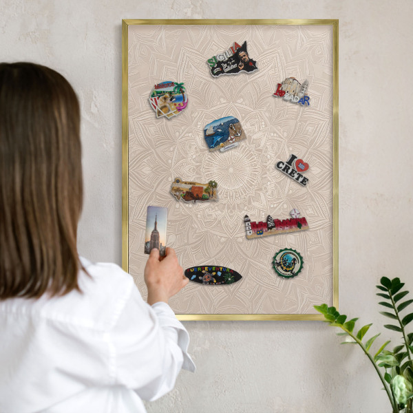 Metal magnet board with a gold frame Decorative mandala
