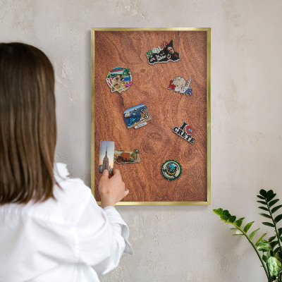 Metal magnet board with a gold frame Wood grain