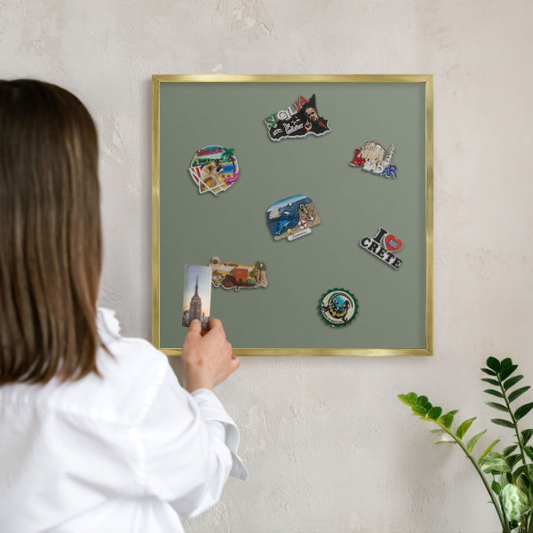 Metal magnet board with a gold frame Dark sage
