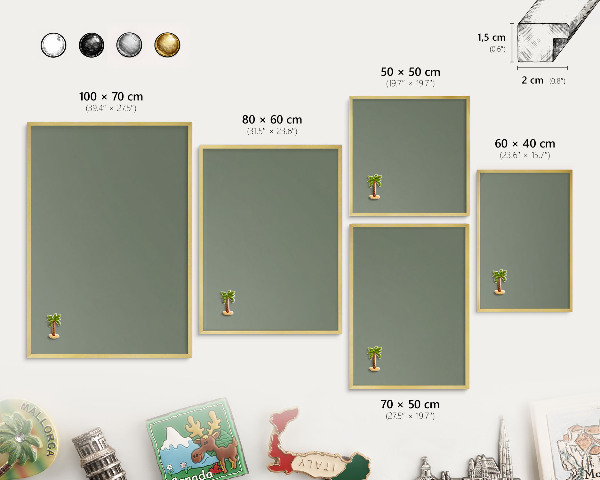 Metal magnet board with a gold frame Dark sage