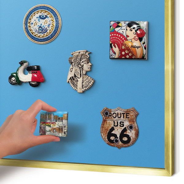 Metal magnet board with a gold frame Blue water