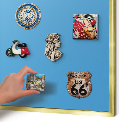 Metal magnet board with a gold frame Blue water
