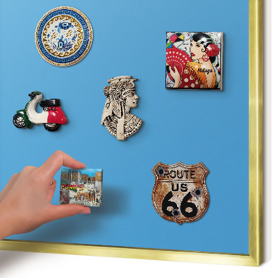 Metal magnet board with a gold frame Blue water