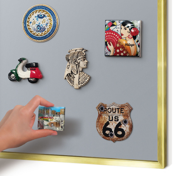 Metal magnet board with a gold frame Delicate gray
