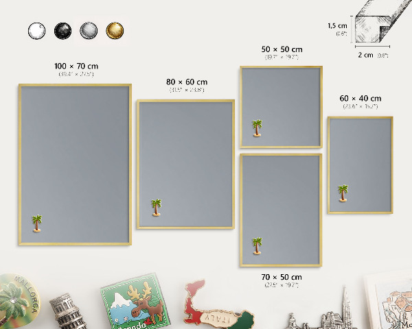 Metal magnet board with a gold frame Delicate gray