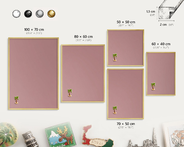 Metal magnet board with a gold frame Pastel dusty pink