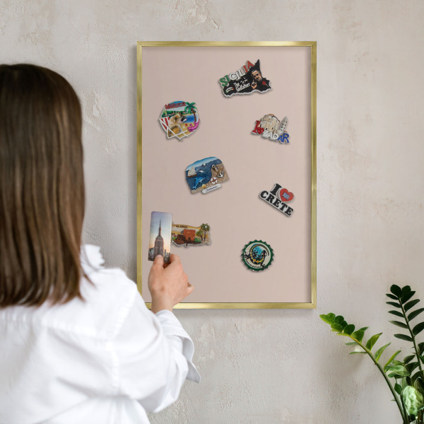 Metal magnet board with a gold frame Beige pink