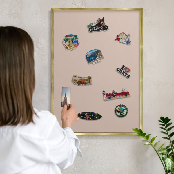 Metal magnet board with a gold frame Beige pink