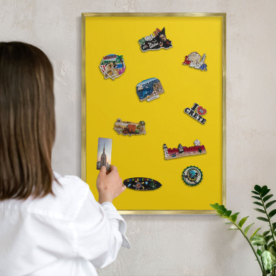 Metal magnet board with a gold frame Intense yellow