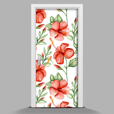 Door sticker Red Hawaiian flowers