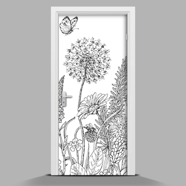 Door mural Black and white pattern meadow