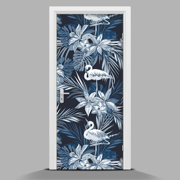 Door wallpaper Blue background flamingos