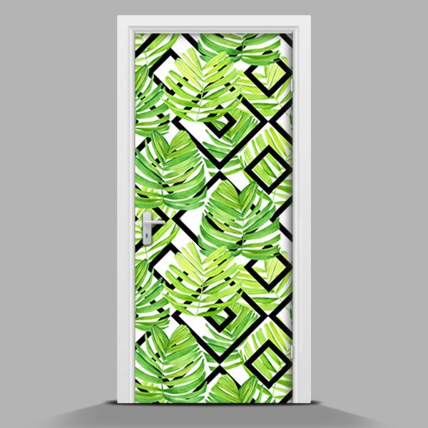 Door mural sticker Leaves on a geometric background