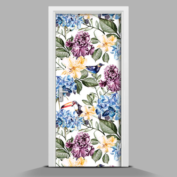 Door mural Colorful flowers and toucans