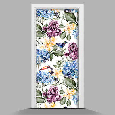 Door mural Colorful flowers and toucans