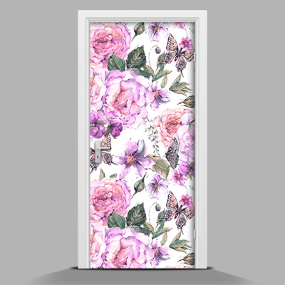 Door mural Flowers and butterflies