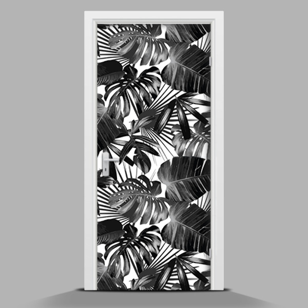 Door wallpaper Black and white palm leaves