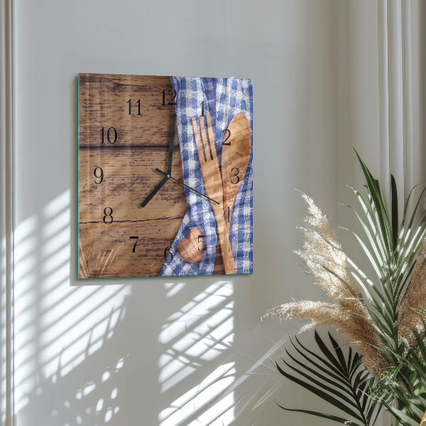 Square wall clock Wooden and cutlery